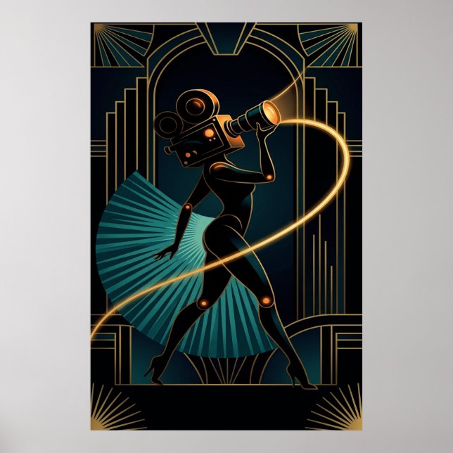 Surreal Art Deco Camera Woman Gold Silhouette Poster (Vorne)