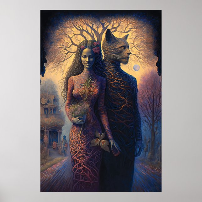 Surreal art. Woman and a cat man holding hands Poster (Vorne)