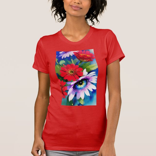 Surreal Blue Eye Pink Flower & Red Zenias T-Shirt (Vorderseite)
