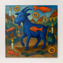 Surreal Blue Goat auf Skateboard Puzzle
