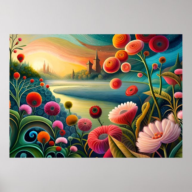 Surreal Blumenlandschaft: Abstrakter Fluss und Tur Poster (Vorne)