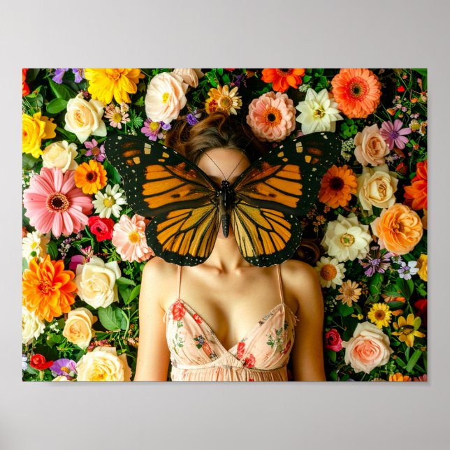 Surreal Butterfly Maske Frau im Blumengarten Poster (Vorne)