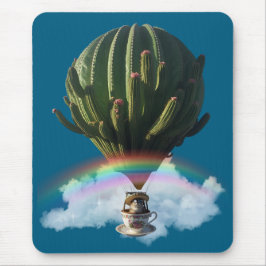 Surreal Cat Hot Air Ballon mit Kaktus & Regenbogen Mousepad