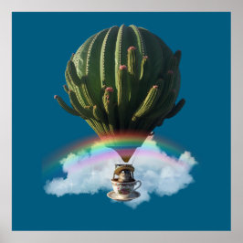 Surreal Cat Hot Air Ballon mit Kaktus & Regenbogen Poster