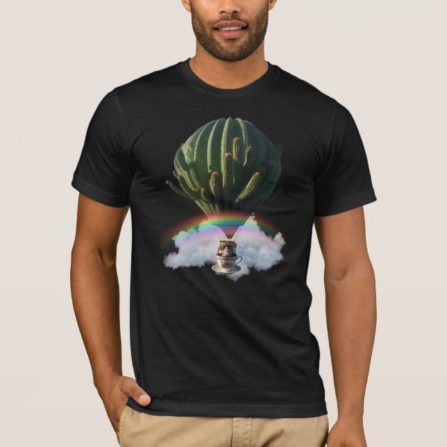 Surreal Cat Hot Air Ballon mit Kaktus & Regenbogen T-Shirt (Vorderseite)