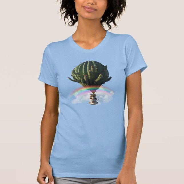 Surreal Cat Hot Air Ballon mit Kaktus & Regenbogen T-Shirt (Vorderseite)
