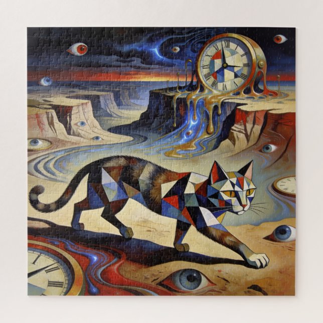 Surreal Cat Melting Clocks Dali Picasso Inspired Puzzle (Vertikal)