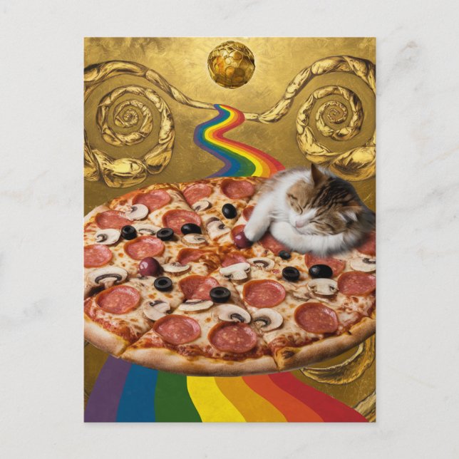 Surreal Cat on a Pizza Golden Background Postkarte (Vorderseite)