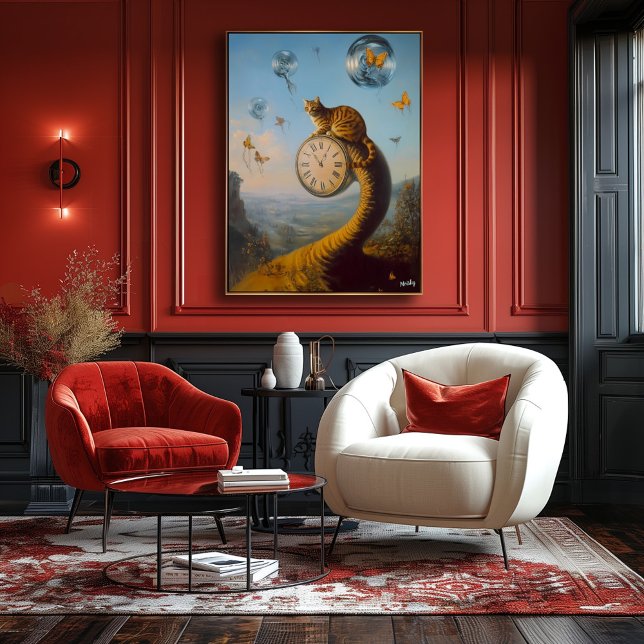 Surreal Cat on Clock mit Schmetterlingen - Surreal Poster (Von Creator hochgeladen)