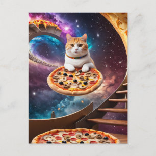 Surreal Cat on Flying Pizza Postkarte