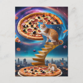 Surreal Cat on Pizza Golden Stairs Postkarte
