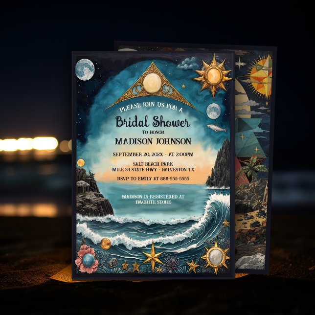 Surreal Celestial Seascape Mystical Brautparty Einladung (Mystical coastal bridal shower invitation with dark romance celestial aesthetic in an ocean collage.)