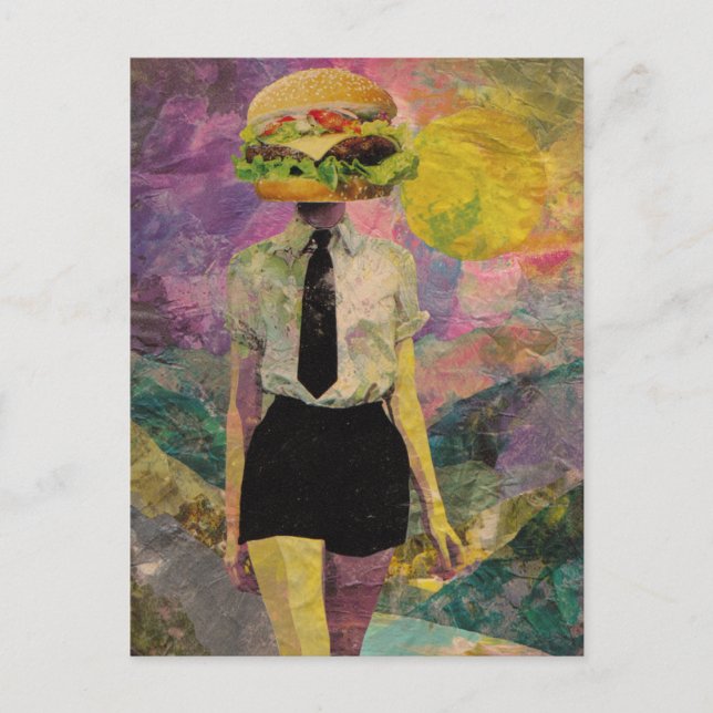 Surreal Cheeseburger Woman Mixed Media Postkarte (Vorderseite)