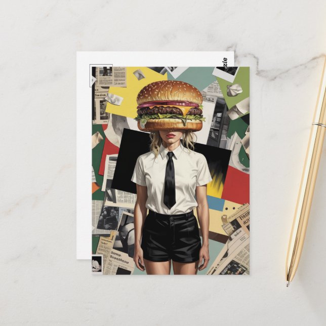 Surreal Cheeseburger Woman Postkarte (Vorderseite/Rückseite Beispiel)