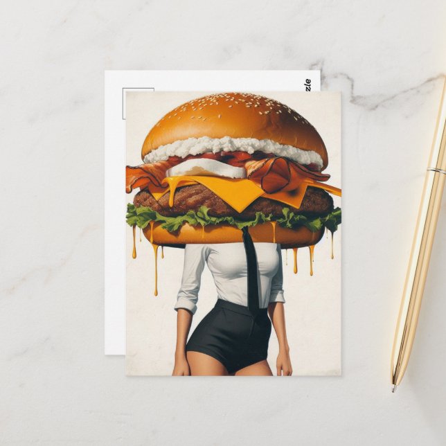 Surreal Cheeseburger Woman Postkarte (Vorderseite/Rückseite Beispiel)
