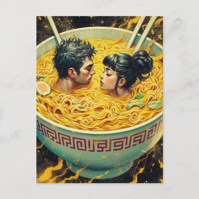 Surreal Couple Swims in einer Schüssel Nudeln Postkarte (Vorderseite)