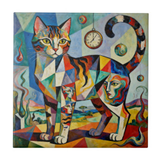 Surreal Cubist Style Cat Art Fliese
