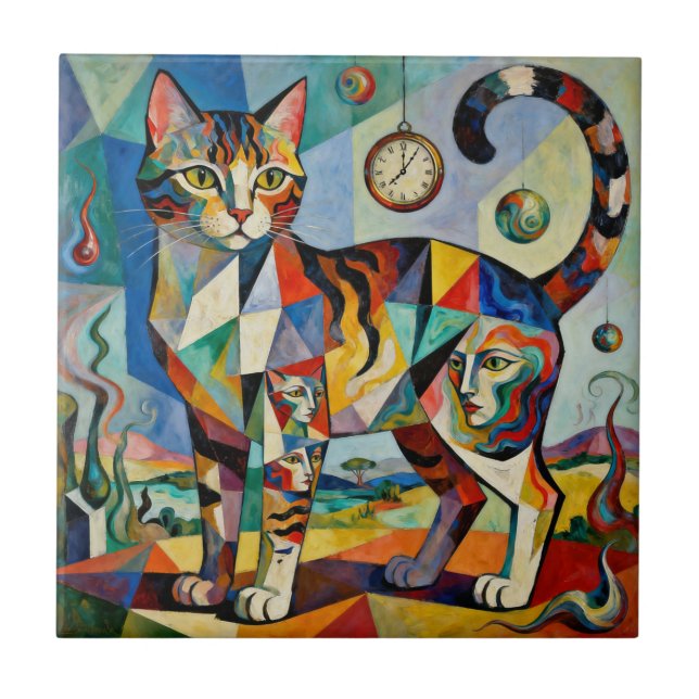 Surreal Cubist Style Cat Art Fliese (Vorderseite)