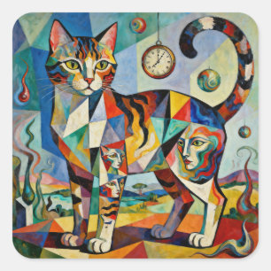 Surreal Cubist Style Cat Art Quadratischer Aufkleber