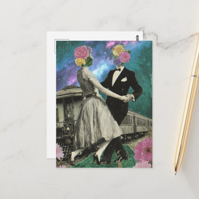 Surreal Dancing Blume People and a Train Postkarte (Vorderseite/Rückseite Beispiel)