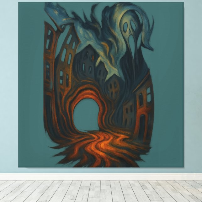 Surreal Dark Cityscape Art Ghostly Figure Painting Leinwanddruck (Insitu (Holzboden))