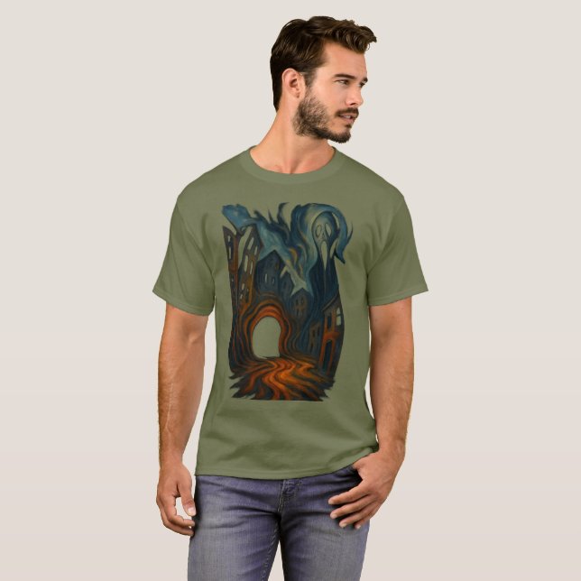 Surreal Dark Cityscape Art Ghostly Figure Painting T-Shirt (Vorne ganz)