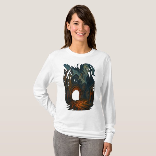 Surreal Dark Cityscape Art Ghostly Figure Painting T-Shirt (Vorne ganz)