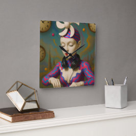 Surreal DJ Girl  Psychedelic Futuristic Art Design Quadratische Wanduhr