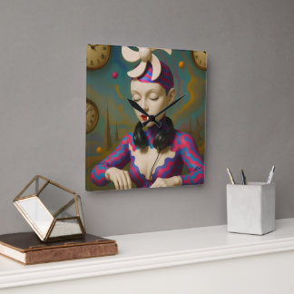 Surreal DJ Girl Psychedelic Futuristic Art Design Quadratische Wanduhr