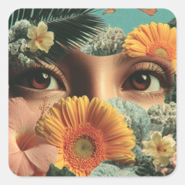 Surreal Eyes and Flowers with Butterflies Quadratischer Aufkleber
