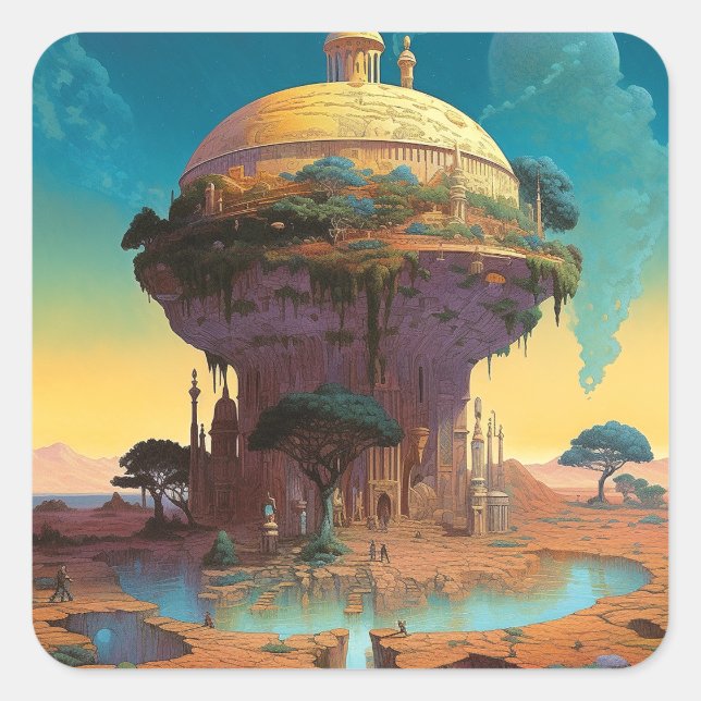 Surreal Fantasy City Quadratischer Aufkleber (Vorderseite)