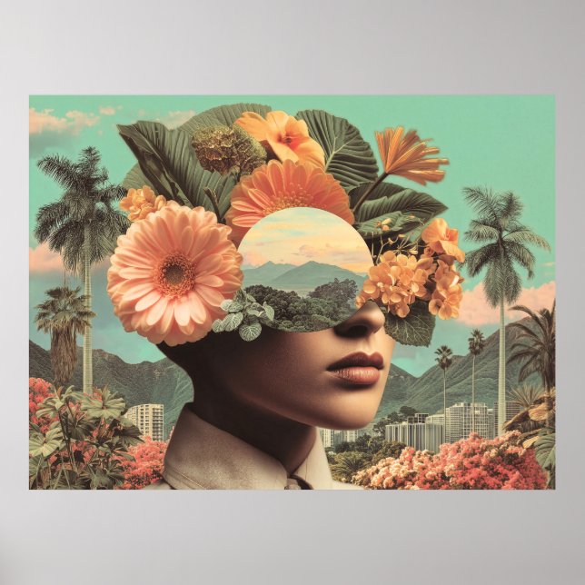 Surreal Female Portrait with Floral Elements Poster (Vorne)