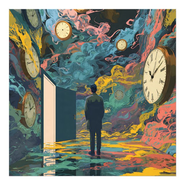 Surreal Figure Room Swirling Clocks Smoke Wall Art Fotodruck (Vorne)