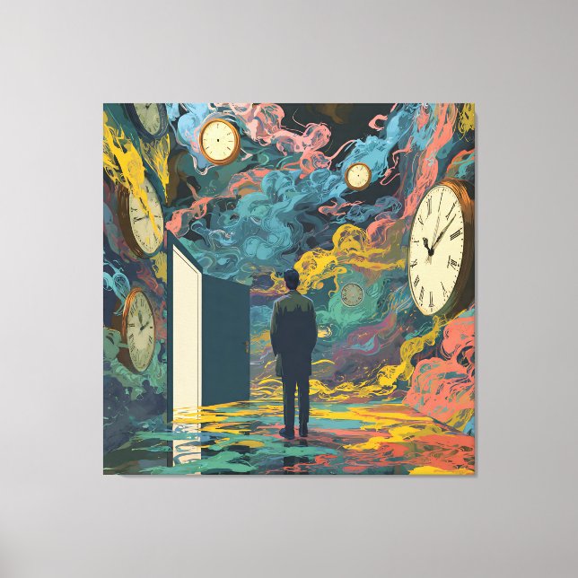 Surreal Figure Room Swirling Clocks Smoke Wall Art Leinwanddruck (Vorderseite)