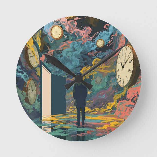 Surreal Figure Room Swirling Clocks Smoke Wall Art Runde Wanduhr (Vorderseite)