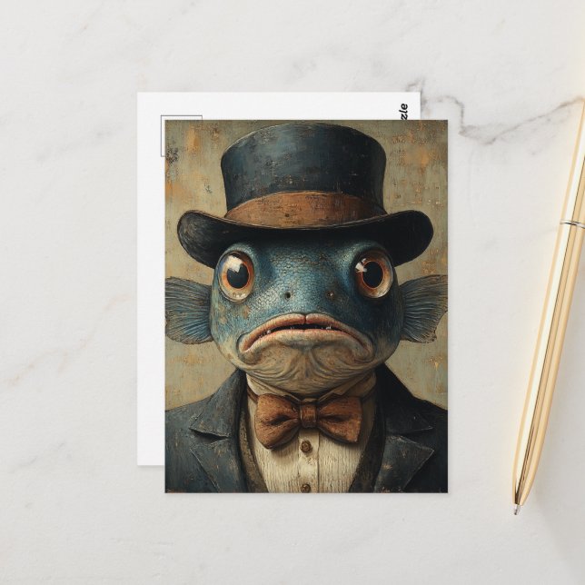 Surreal Fish in a Suit Postkarte (Vorderseite/Rückseite Beispiel)