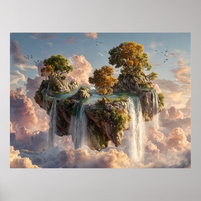 Surreal Floating Cliffs With Waterfalls Poster (Vorne)