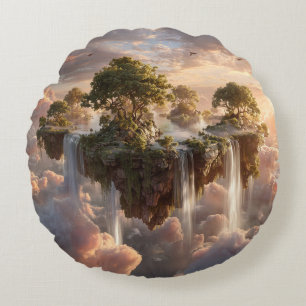 Surreal Floating Islands with Waterfall Rundes Kissen