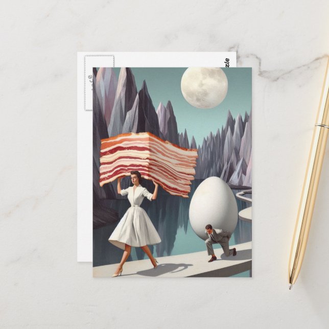 Surreal Frühstück Leute Rieseneier und Bacon Postkarte (Vorderseite/Rückseite Beispiel)