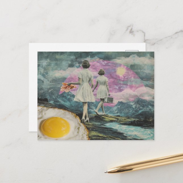 Surreal Frühstücksfrau mit Bacon und Eiern Postkarte (Vorderseite/Rückseite Beispiel)