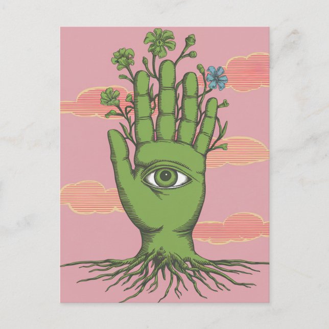 Surreal Gardeners Green Hand Blue Blume Postkarte (Vorderseite)