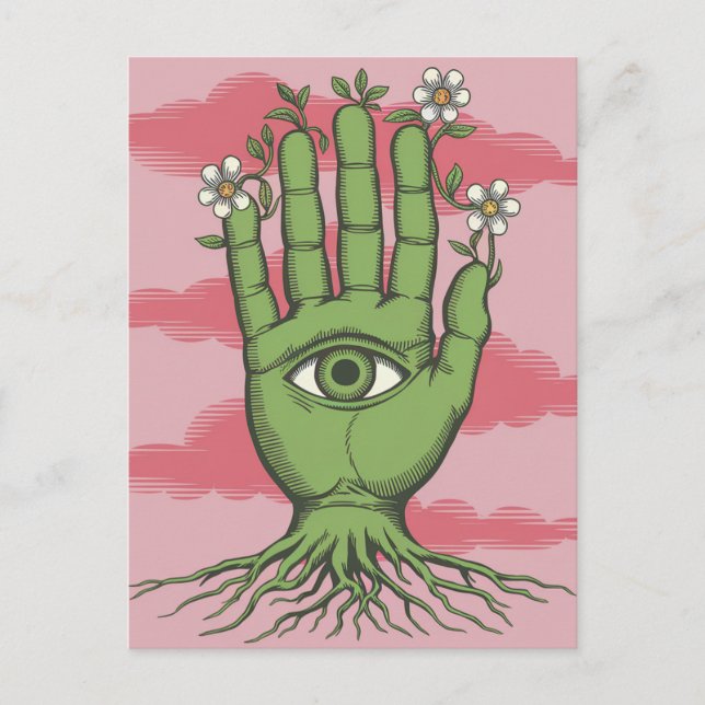 Surreal Gardeners Green Hand Weiße Blume Postkarte (Vorderseite)