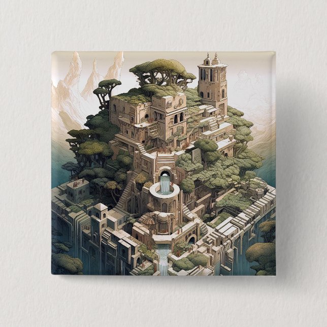 Surreal Geometric City Landscape Fantasy Art Button (Vorderseite)