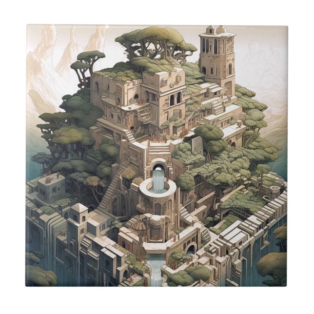 Surreal Geometric City Landscape Fantasy Art Fliese (Vorderseite)