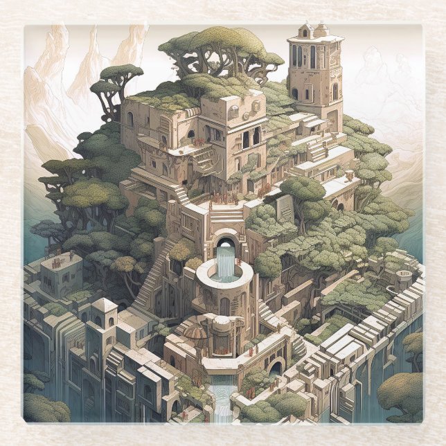 Surreal Geometric City Landscape Fantasy Art Glasuntersetzer (Vorderseite)