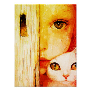 Surreal Girl and Cat Wall Art - Grüne Augen Fantas Poster