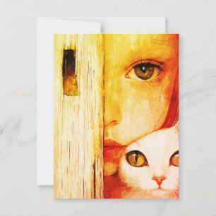 Surreal Girl and Cat Wall Art - Grüne Augen Fantas Postkarte