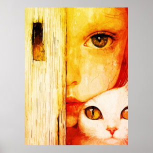 Surreal Girl und Cat Wall Art – Grüne Augen Fantas Poster