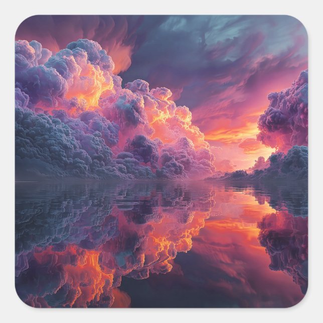 Surreal Glowing Sunset Clouds Reflected In Water Quadratischer Aufkleber (Vorderseite)