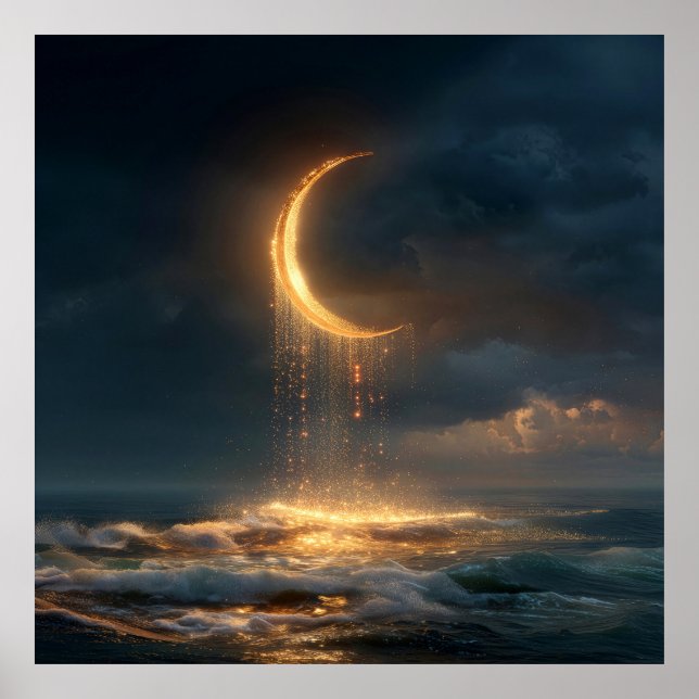 Surreal Golden Crescent Moon Above Ocean Poster (Vorne)